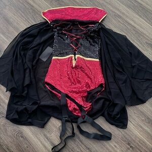 Elegant Red and Black Sequin Bodysuit with Cape